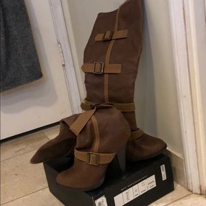 Brown knee high boots with tan boot straps